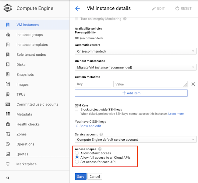 Editing Access Scopes in GCE VM Instance