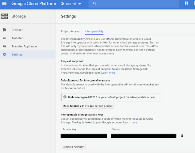 Locating Access Keys in Google Cloud Storage