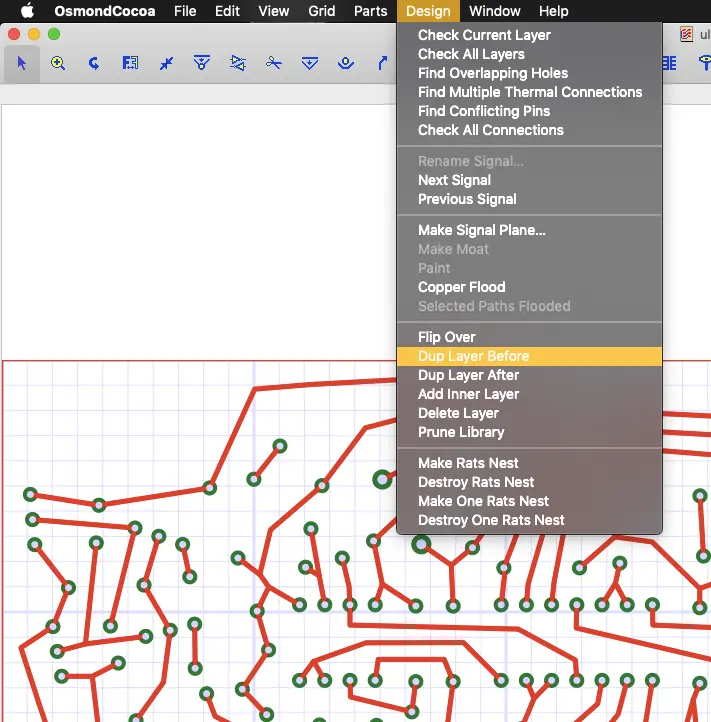 Osmond menu for selecting Design > Dup Layer Before