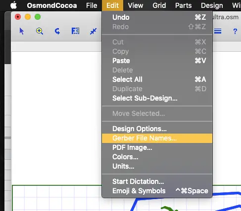 Osmond menu showing Edit > Gerber File Names