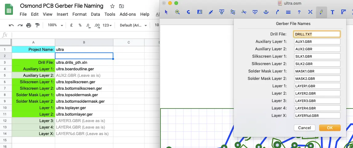 Osmond window for inputting Gerber filenames shown next to a google sheets table for generating the correct Gerber filenames